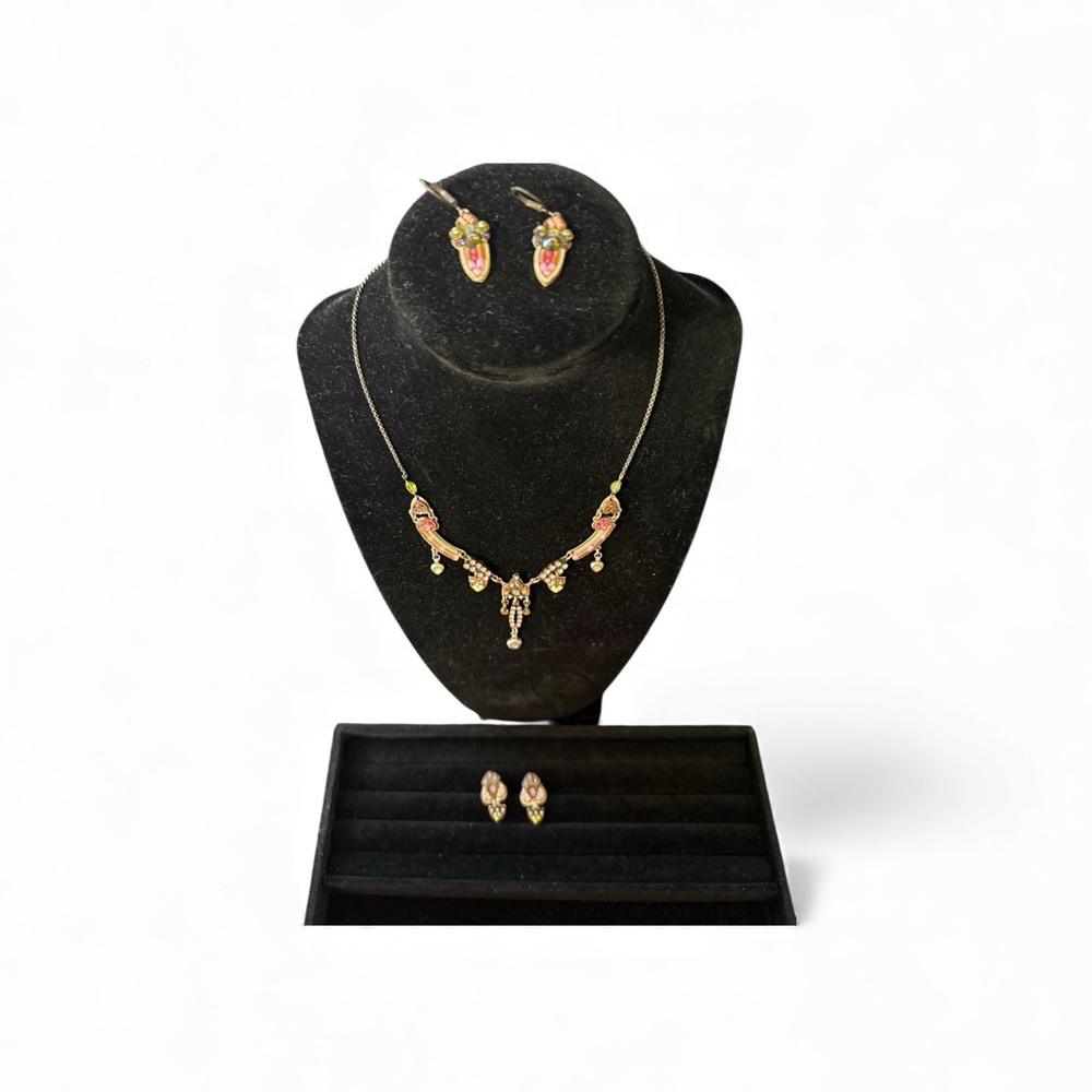 AYLA BAR Handcrafted Pink, Purple & Green Necklace And 2 Sets Earrings